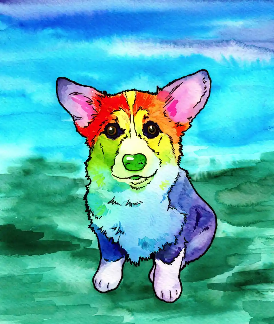 A watercolor painting of a corgi dog with its fur painted in a rainbow gradient, from red and orange on its head, through…
