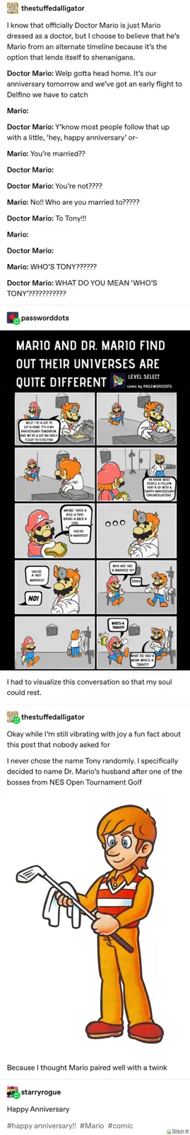 A comic strip shows Mario and Dr. Mario having a conversation where Dr. Mario reveals he's married to someone named Tony…
