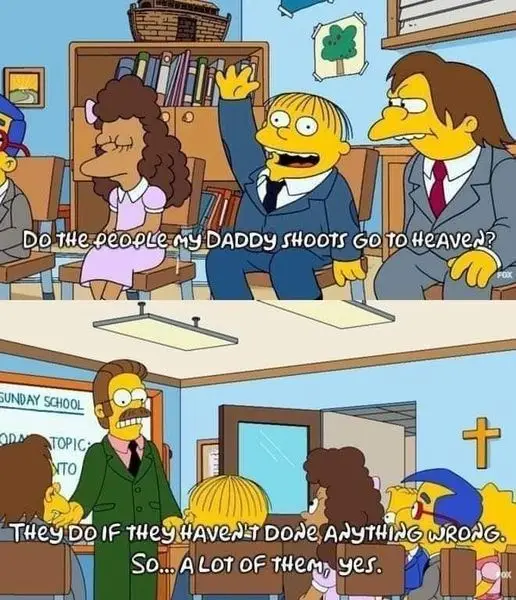 The image is a two-panel meme from The Simpsons. In the top panel, Bart Simpson raises his hand in a Sunday school class and…
