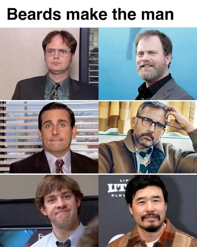 A six-panel meme grid showing actor Rainn Wilson (left) as his character Dwight Schrute with no beard, then with a beard…