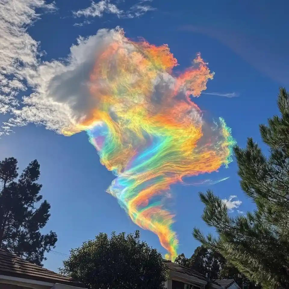 A dramatic sky photo shows a large, fluffy cloud with vivid rainbow colors swirling through it, set against a clear blue sky…