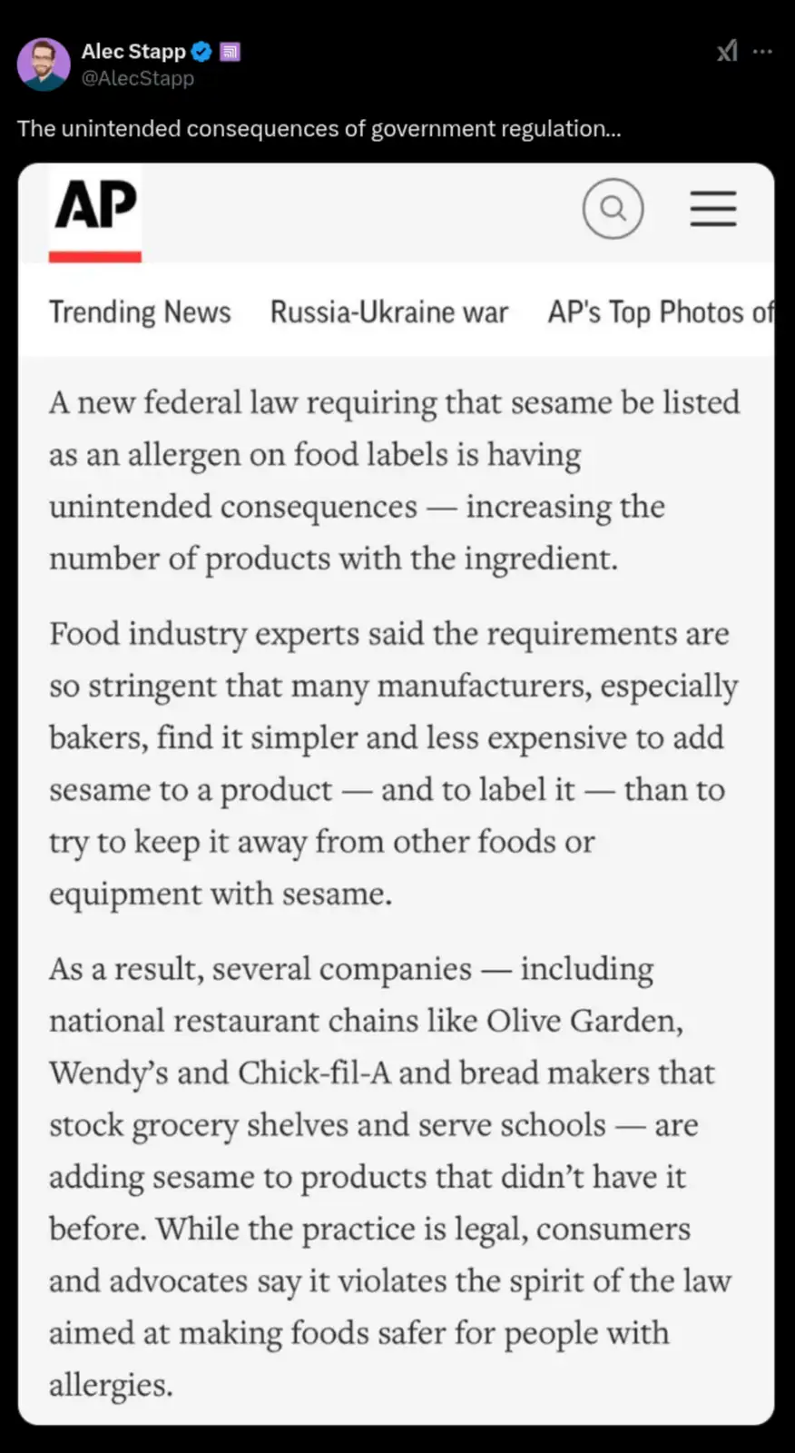 A screenshot of an Associated Press news article discussing how a new federal law requiring sesame to be listed as an…
