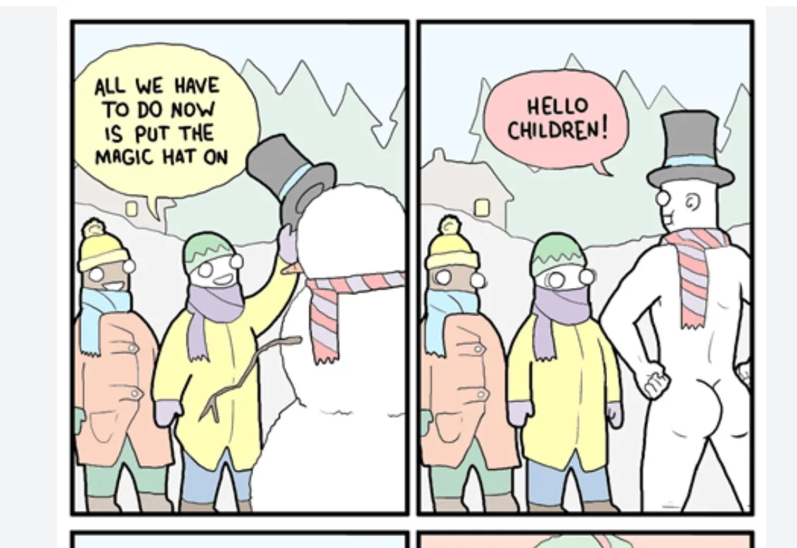 A two-panel comic shows two children in winter clothes placing a top hat on a snowman. In the first panel, one child says…