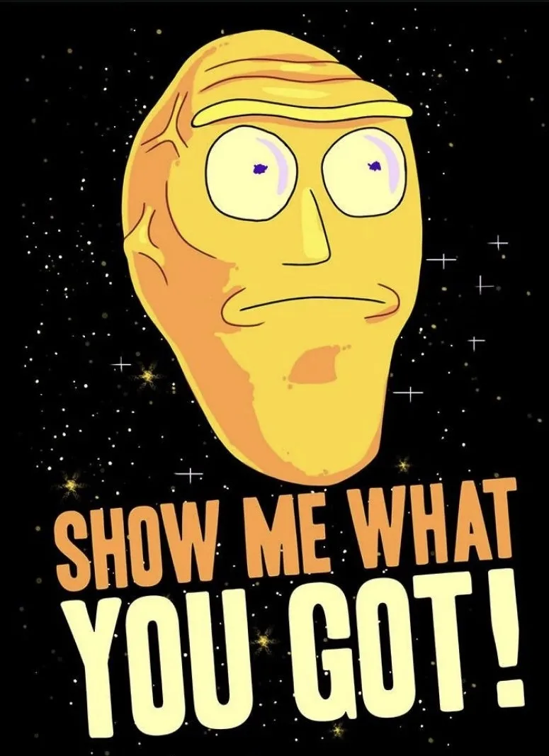 A cartoonish, yellow, potato-like face with wide eyes and a slightly downturned mouth is set against a starry black…