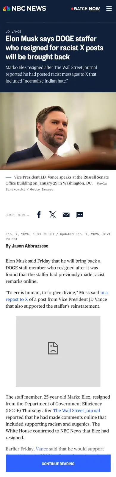 An NBC News article screenshot shows a photo of JD Vance speaking at a podium. The headline reads 'Elon Musk says DOGE…
