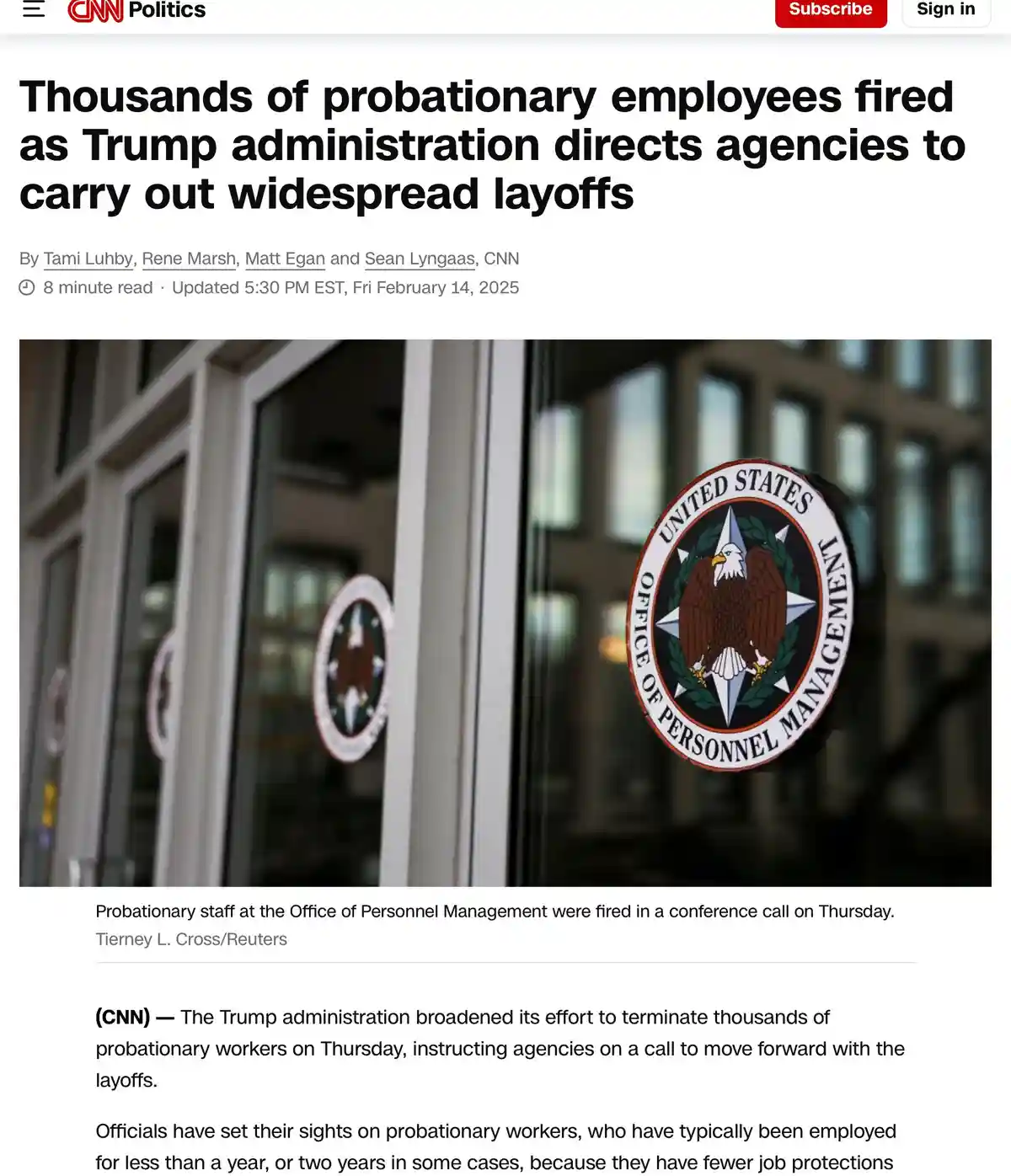 A screenshot of a CNN Politics article shows a close-up of the United States Office of Personnel Management seal on glass…