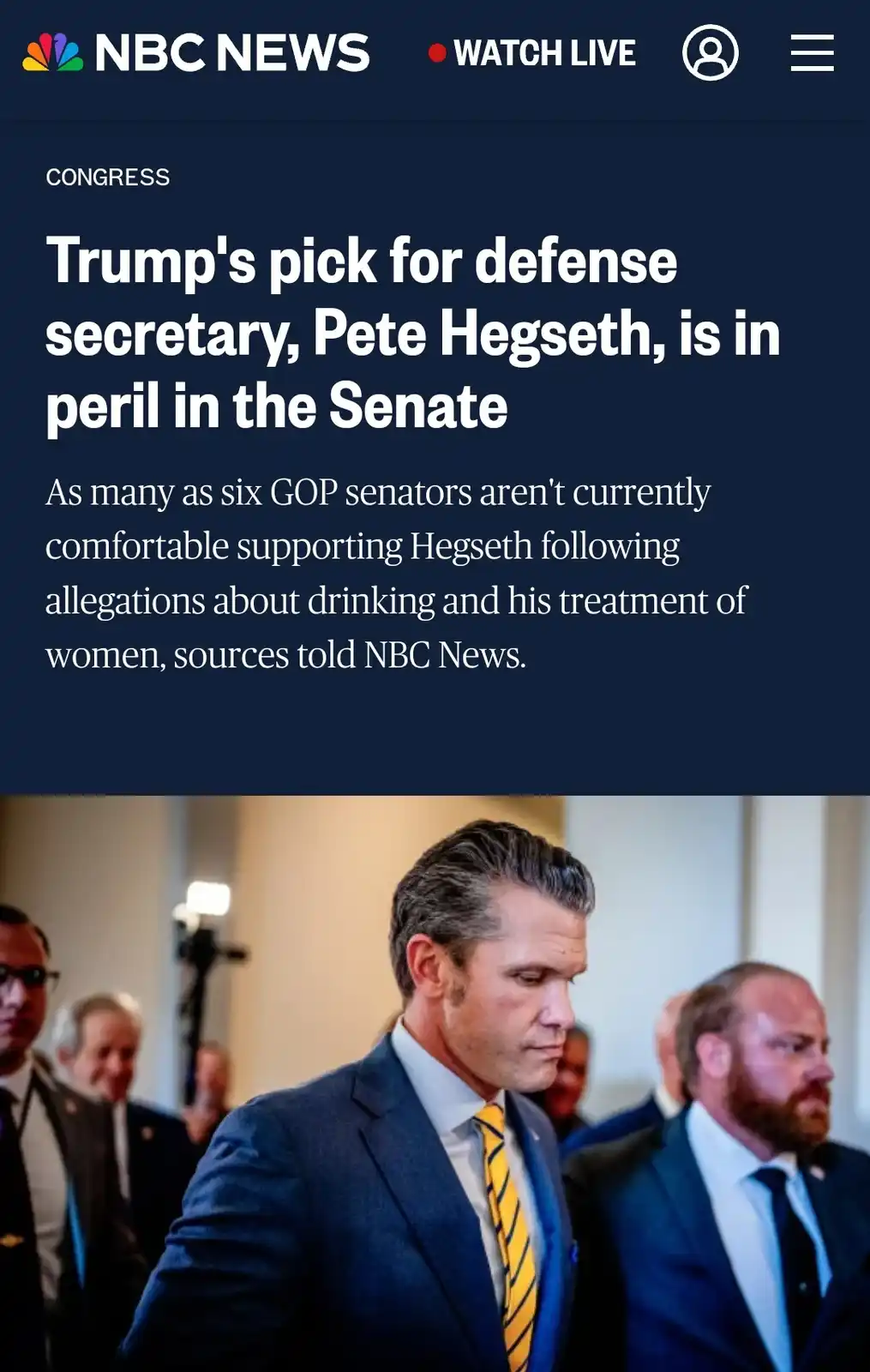 An NBC News article screenshot shows a headline about Pete Hegseth's Senate confirmation struggles, with a photo of him…
