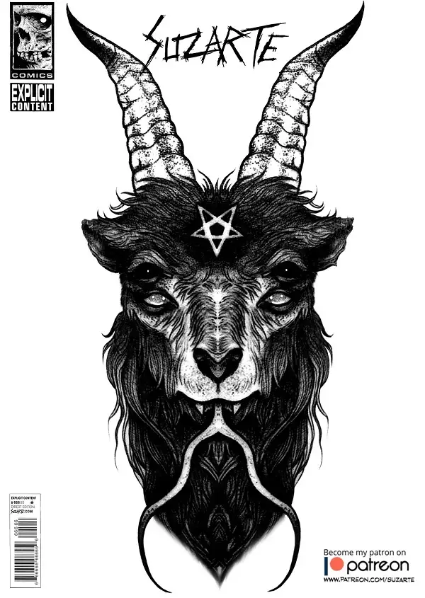 A black and white comic book cover featuring a detailed illustration of a goat's head with large curved horns, a pentagram…