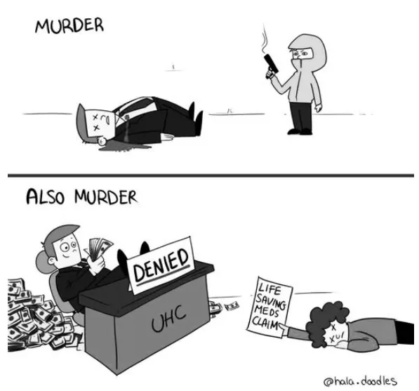 Top panel shows a masked person holding a smoking gun next to a dead man labeled 'MURDER'. Bottom panel shows a man in a UHC…