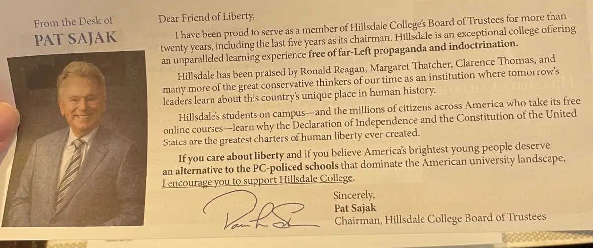 A letterhead document from Pat Sajak, featuring his photo and signature, falsely claims he is Chairman of Hillsdale…