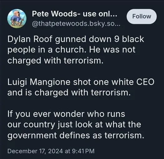 A screenshot of a social media post by 'Pete Woods' that contrasts the legal treatment of two shooters: Dylan Roof, who…