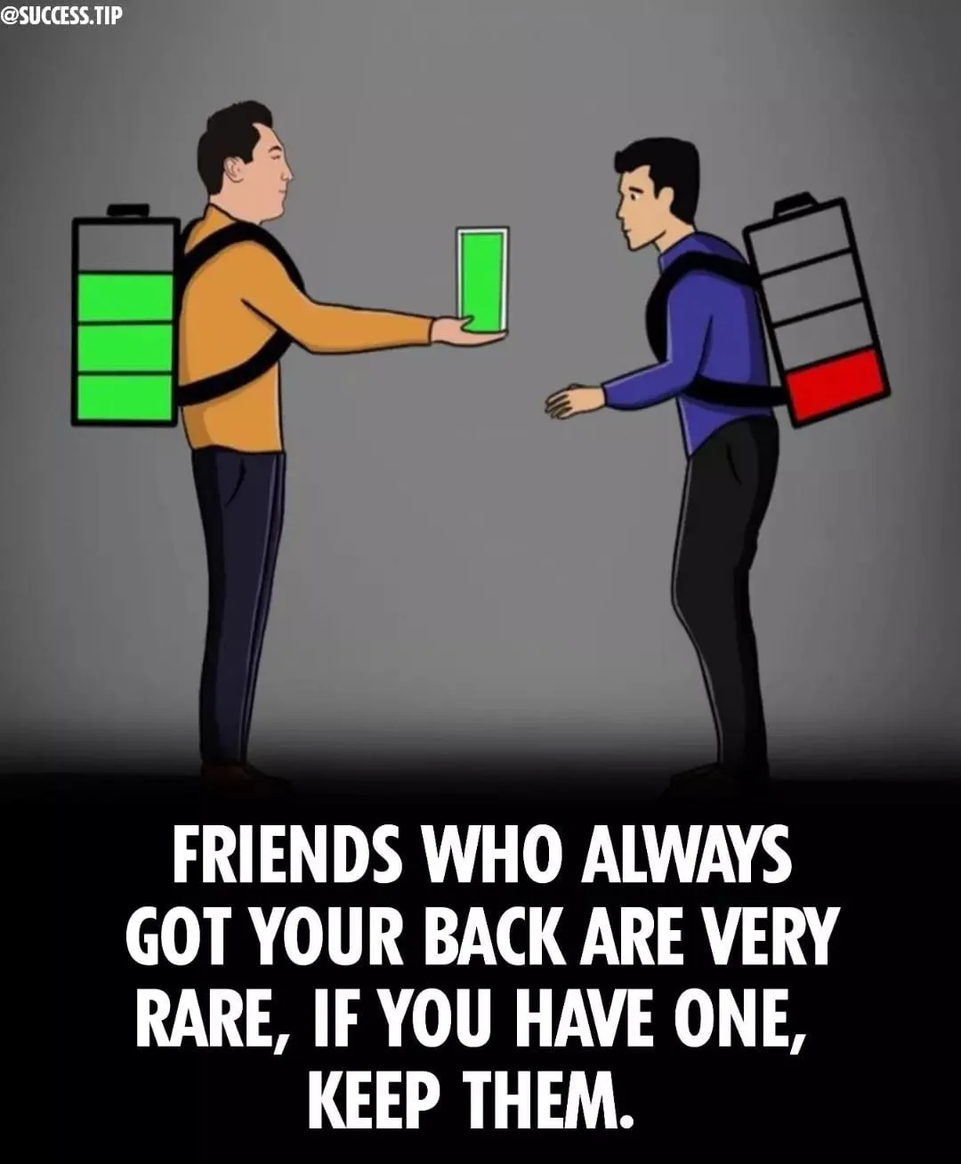 Two cartoon men face each other; the man on the left, with a full green battery pack on his back, offers a green battery to…
