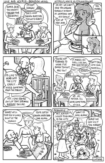 A black-and-white comic strip titled 'Love and Hex #115' by Brandon Weigel, depicting a family breakfast scene where a…