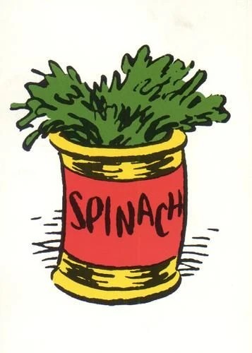 A cartoon illustration of a red and yellow can overflowing with green spinach leaves, with the word 'SPINACH' written in…