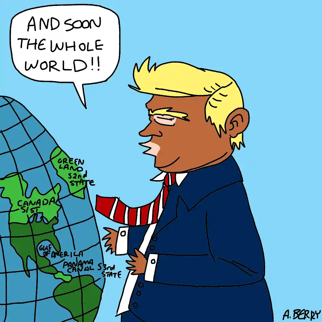 A cartoon man with blonde hair and a red-and-white striped tie stands beside a globe, pointing at it with a confident…