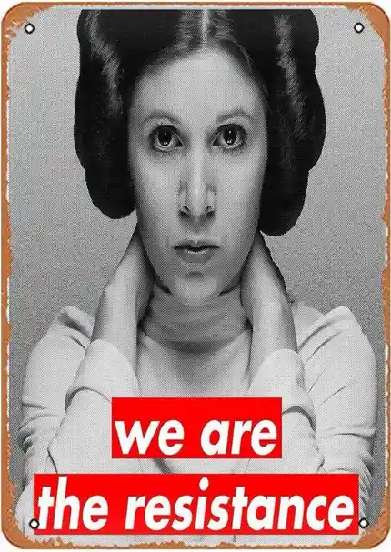 A black-and-white image of Princess Leia Organa from Star Wars, framed as a vintage metal sign with a halftone texture and…
