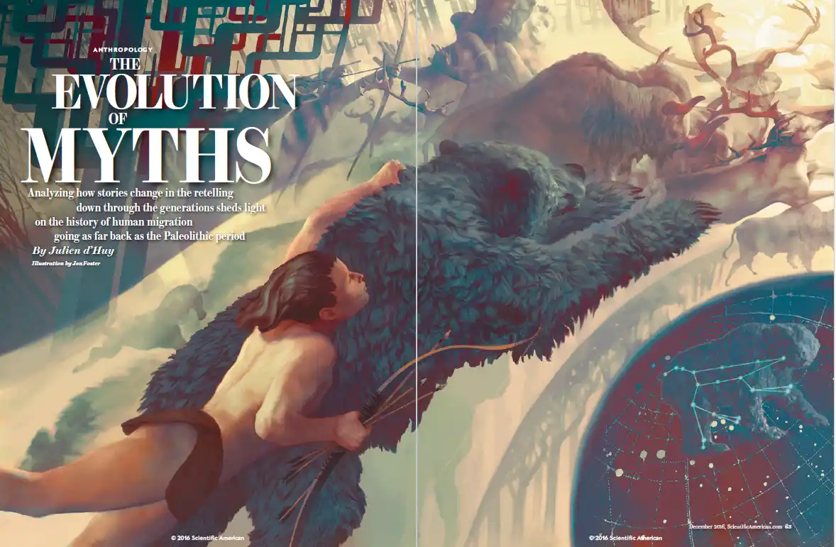 The image is a magazine cover from Scientific American, titled 'The Evolution of Myths,' featuring an illustration of a…