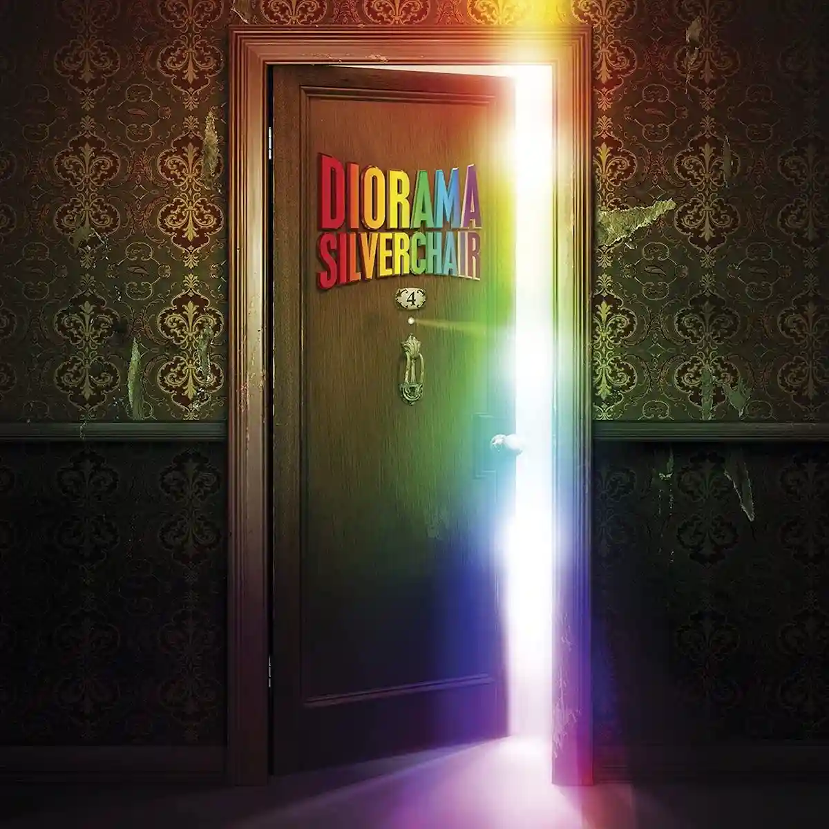 A slightly ajar wooden door in a room with ornate, peeling wallpaper emits a bright, rainbow-colored light from its opening…