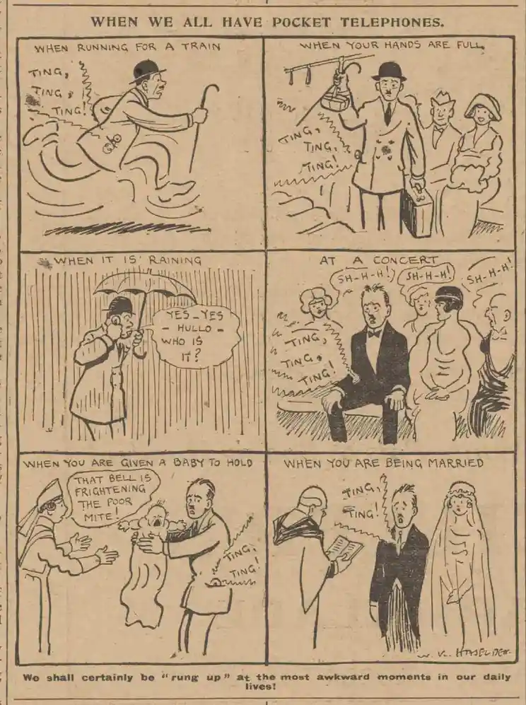 A vintage six-panel comic strip titled 'WHEN WE ALL HAVE POCKET TELEPHONES' depicts a man with a pocket telephone ringing in…