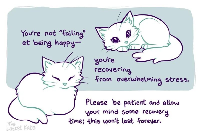 Two cartoon cats are shown in a light blue background. The cat on the left has its eyes closed and appears relaxed, while…