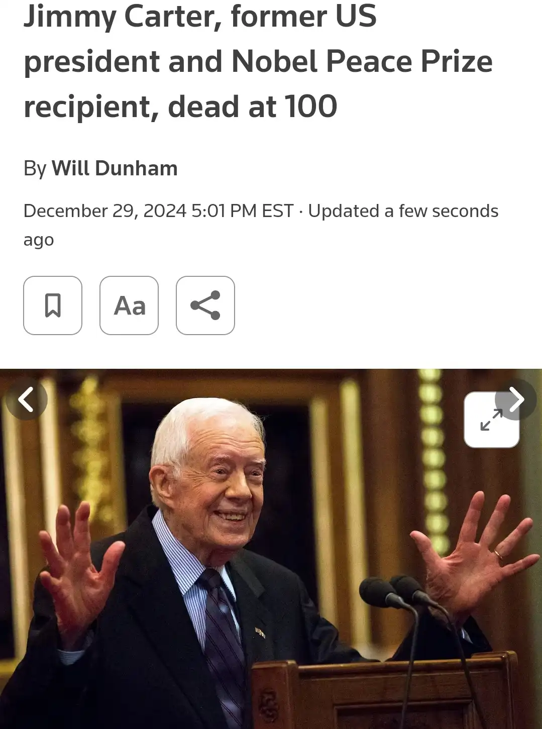 A screenshot of a news article header showing the headline 'Jimmy Carter, former US president and Nobel Peace Prize…