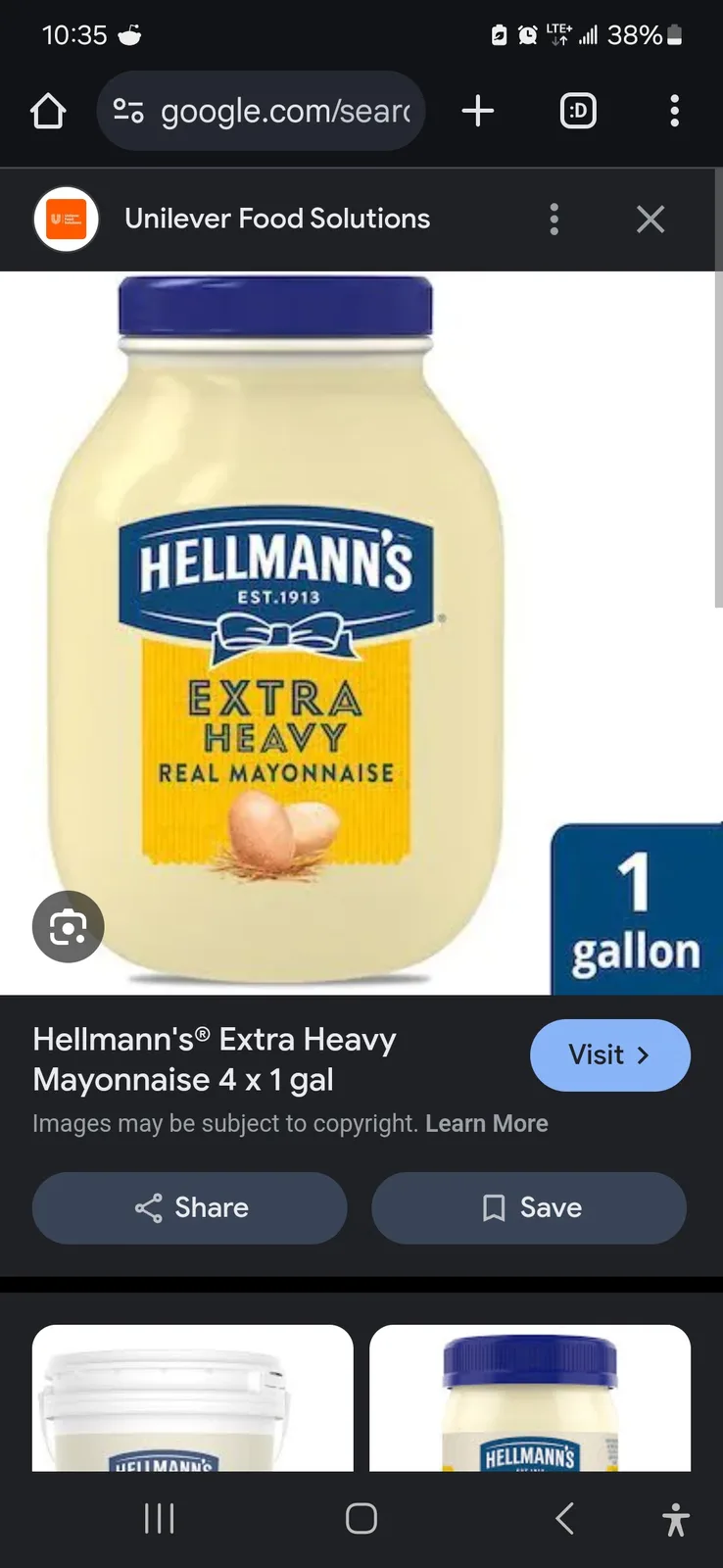 A large, 1-gallon jar of Hellmann's Extra Heavy Real Mayonnaise is shown in a Google search result. The label clearly…