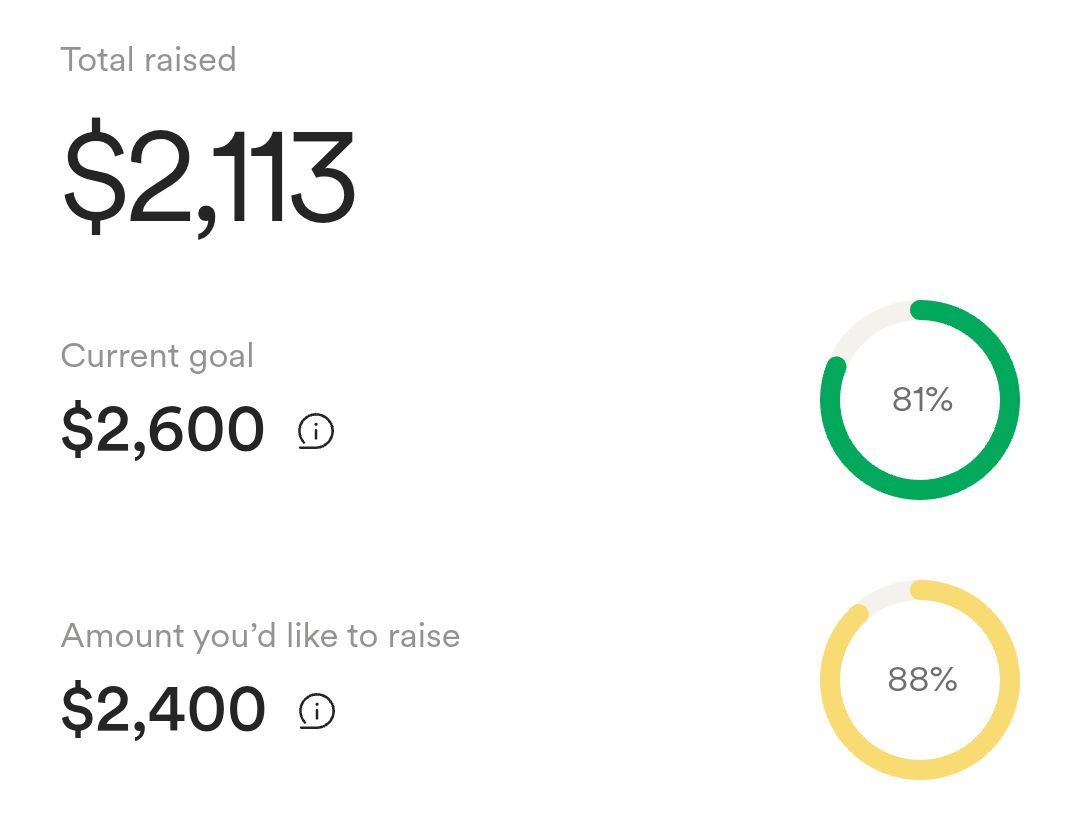 A fundraising progress screen showing $2,113 raised out of a $2,600 current goal (81% complete) and a $2,400 desired amount…
