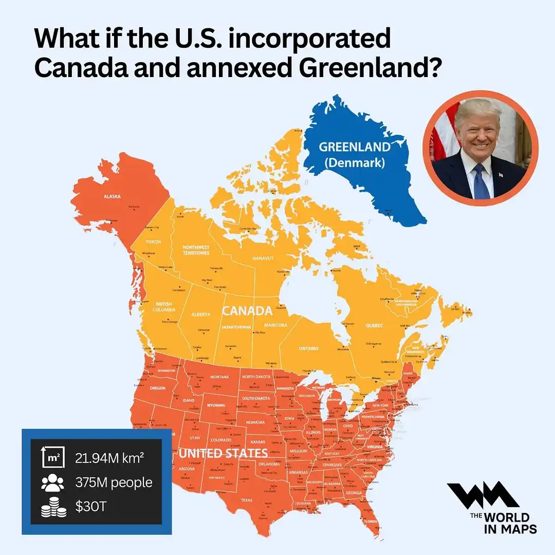 A map shows the United States in orange, Canada in yellow, and Greenland in blue, with a circular portrait of Donald Trump…