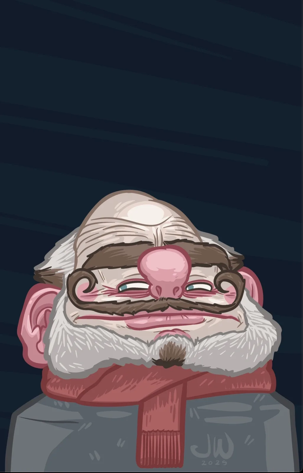 A cartoon illustration of a man with exaggeratedly large, pink ears, a bulbous nose, and a thick white beard, wearing a red…
