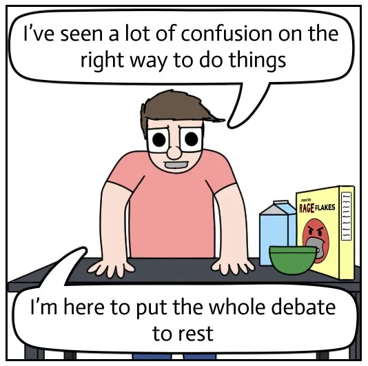 A cartoon man in a pink shirt stands at a counter with a bowl and a box of cereal labeled 'RAGE FLAKES' featuring an angry…