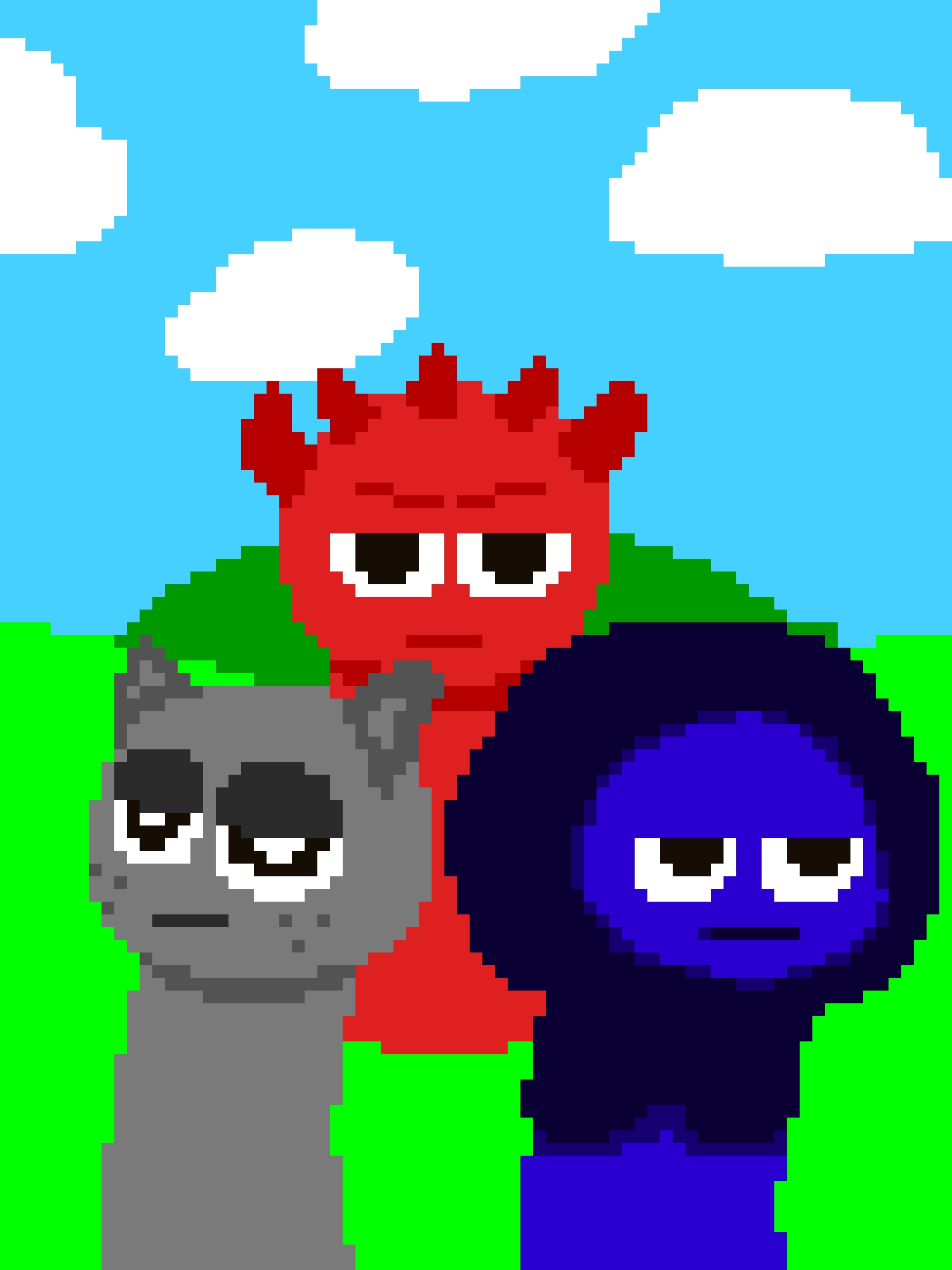 A pixel art image shows three characters standing in a field under a blue sky with clouds. The central red character has…