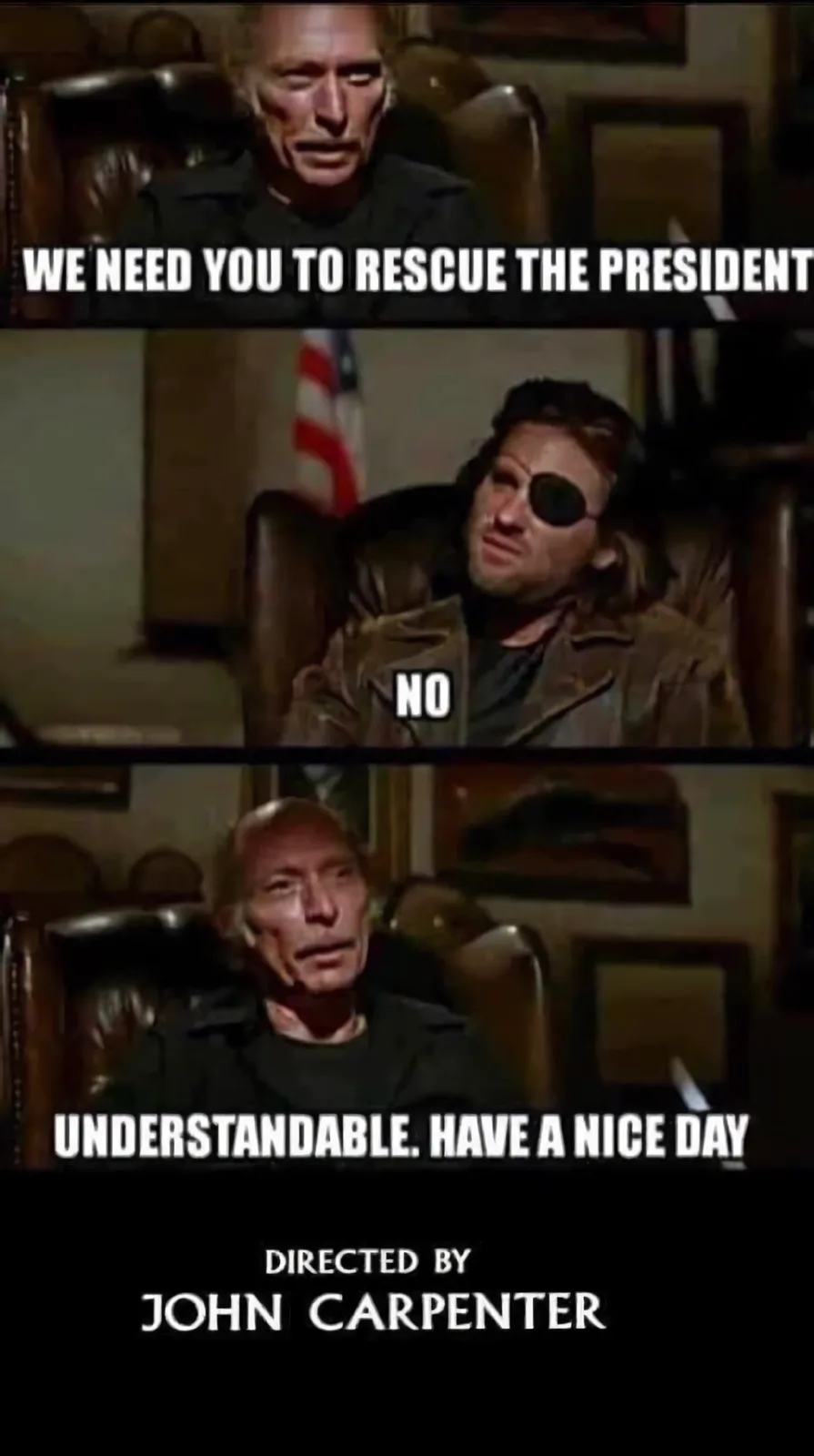 A three-panel meme from the movie 'The Thing' featuring a man in a leather chair saying 'WE NEED YOU TO RESCUE THE…