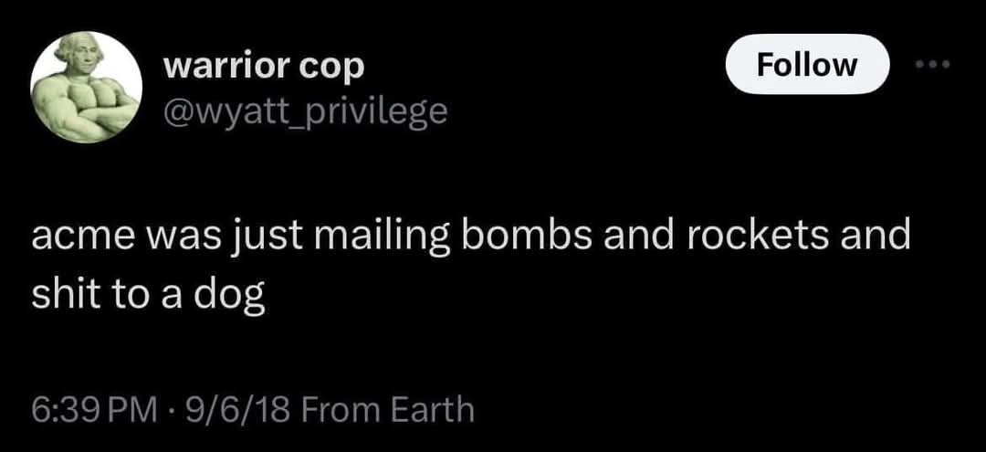 A screenshot of a tweet from the account 'warrior cop' (@wyatt_privilege) with a profile picture of a muscular man. The…