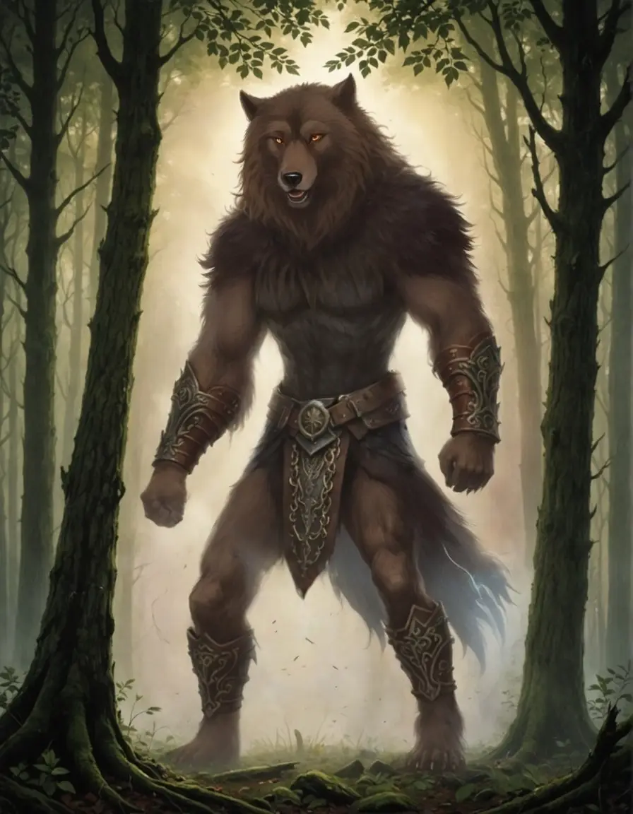 A muscular humanoid creature with a large brown wolf's head and fur covering its torso stands in a misty forest between two…