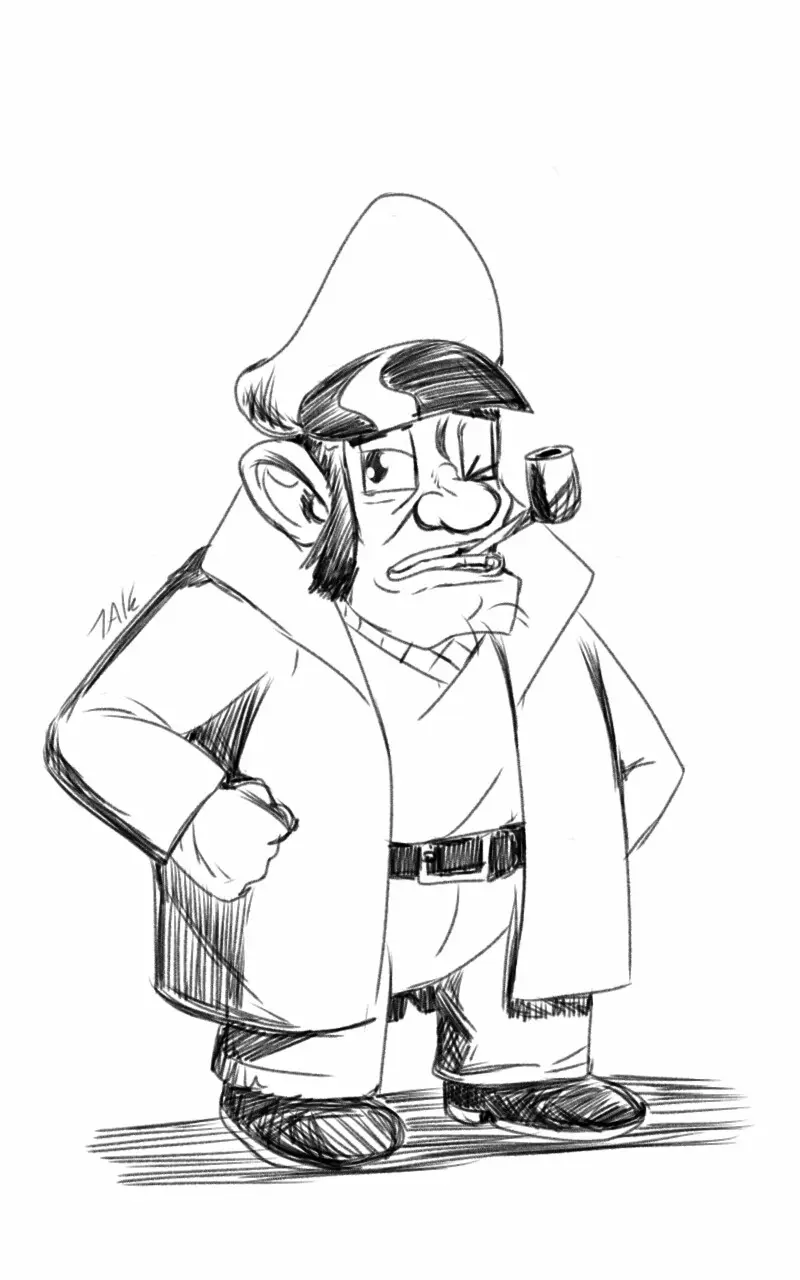 A black-and-white sketch of a cartoonish man with a large nose, wearing a trench coat, hat, and smoking a pipe, standing…
