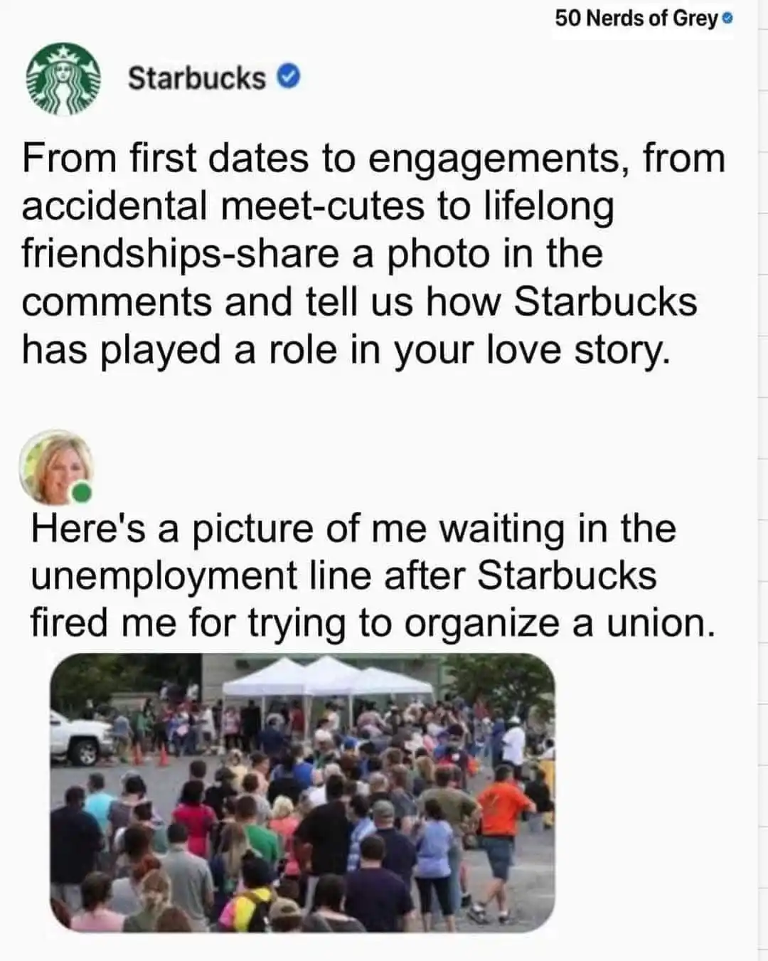 A screenshot of a Starbucks social media post asking customers to share photos of how Starbucks played a role in their love…