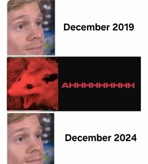 The image is a three-panel meme. The top and bottom panels show a close-up of a man with a slightly confused or resigned…