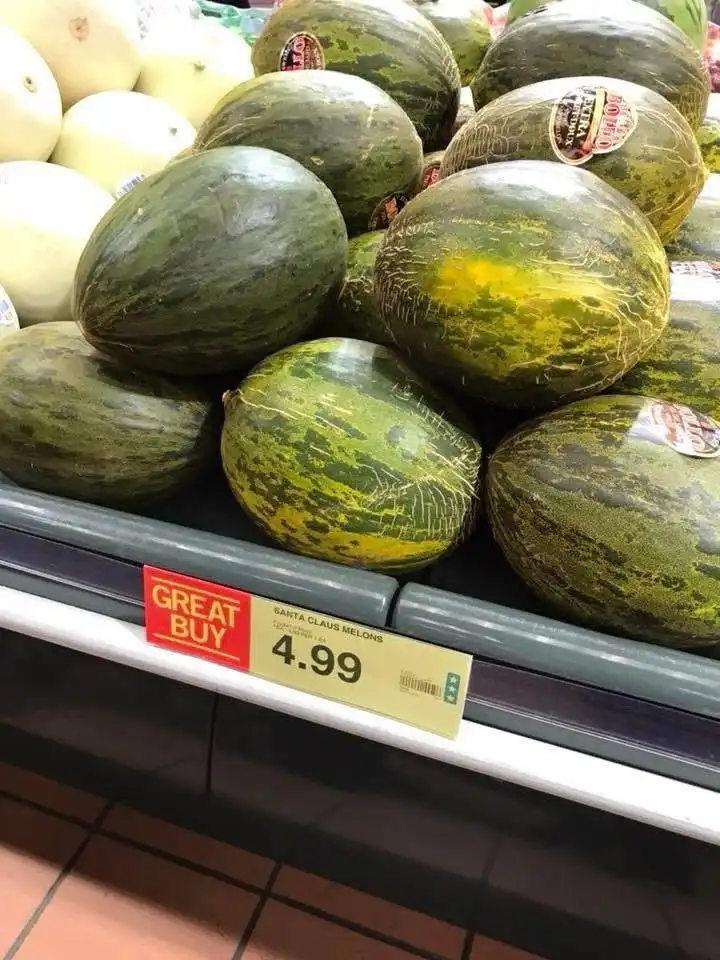 A grocery store display of green and yellow striped melons, labeled 'SANTA CLAUS MELONS' with a price tag of $4.99 and a red…