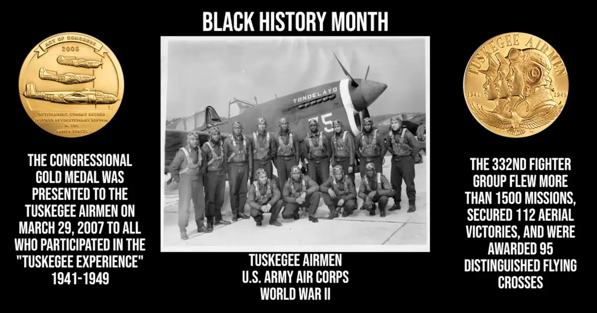 A black-and-white photo of the Tuskegee Airmen in flight gear posing in front of a WWII fighter plane labeled 'Tondelayo'…