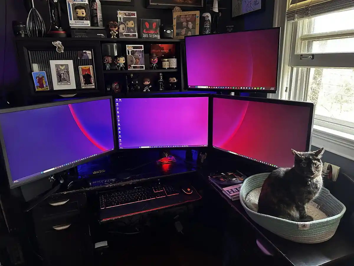 A tortoiseshell cat sits in a woven basket on a desk next to four large computer monitors displaying a purple and red…