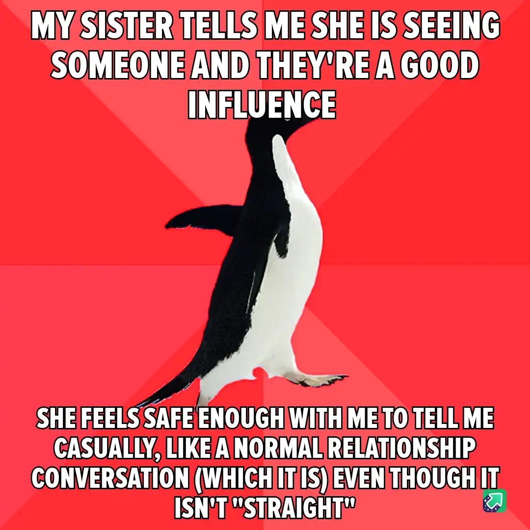 A black-and-white penguin stands upright against a red background with diagonal stripes. White text in two blocks overlays…
