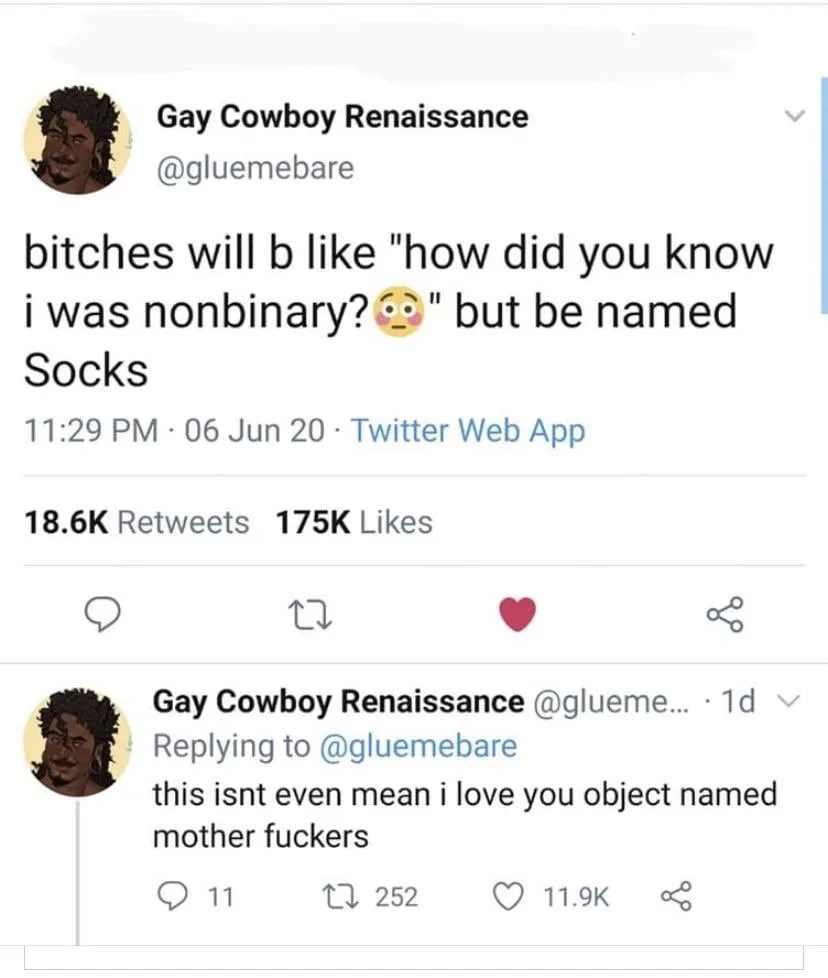 A screenshot of a Twitter post by 'Gay Cowboy Renaissance' (@gluemebare) showing a tweet that reads 'bitches will b like…