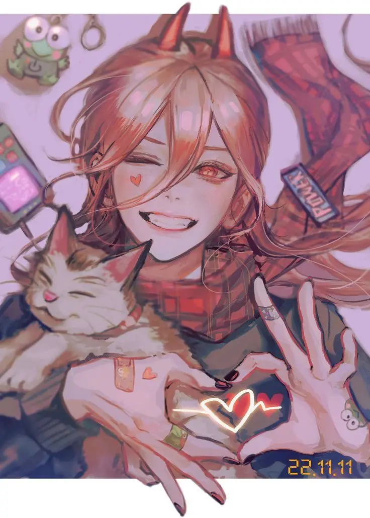 An anime-style illustration of a smiling young woman with red hair, small red horns, and a heart-shaped tattoo on her cheek…