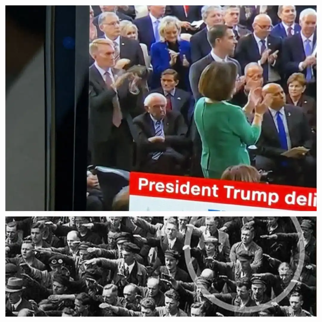 The top image shows a modern political event with people in suits applauding, including a woman in a green dress and a man…