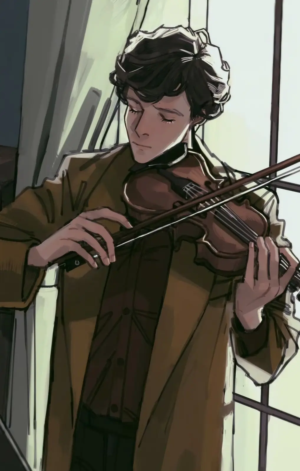 An anime-style illustration shows a young man with dark curly hair, wearing a brown coat, playing a violin with his eyes…