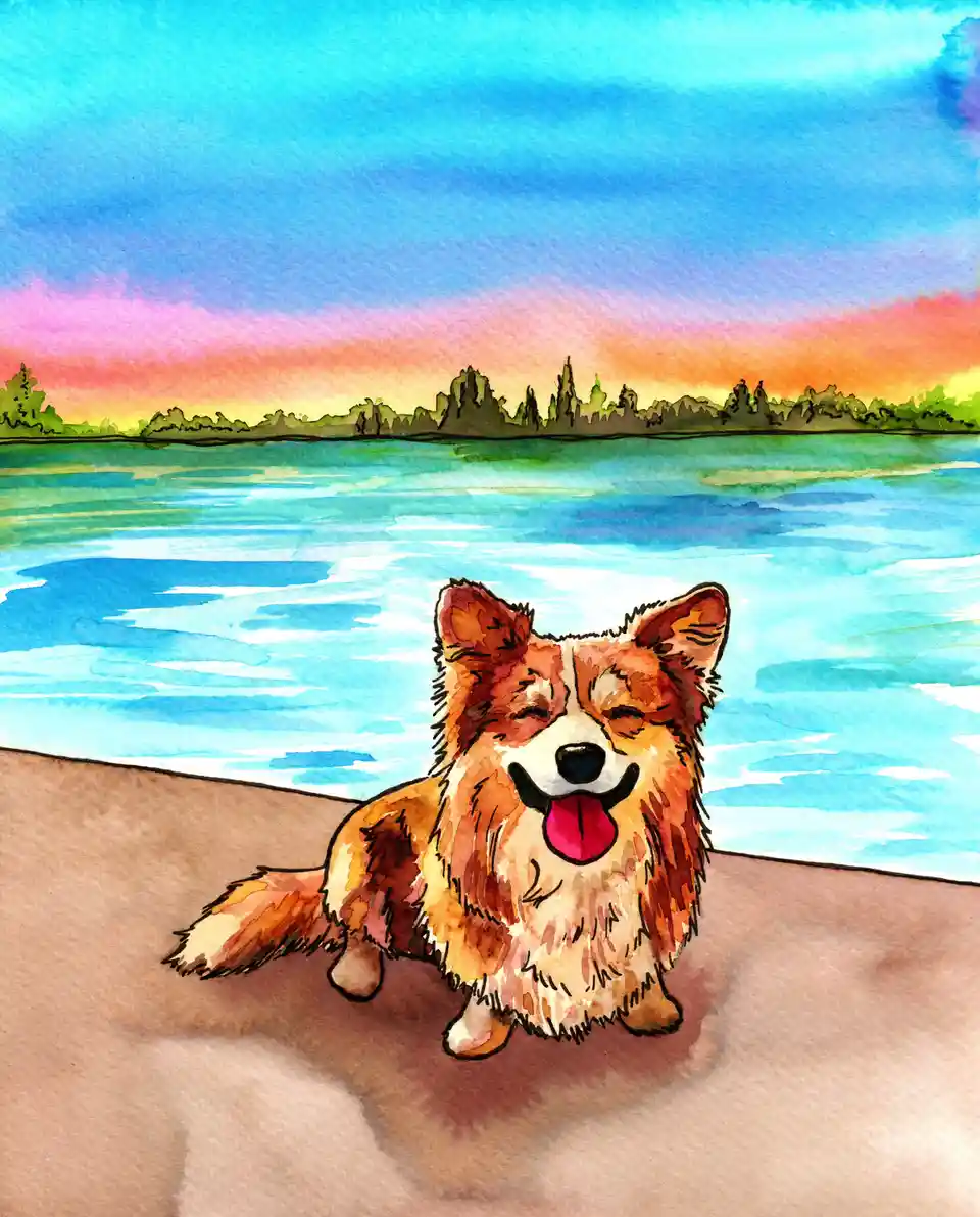 A watercolor painting shows a fluffy, reddish-brown corgi with its eyes closed and tongue out, sitting happily on a sandy…