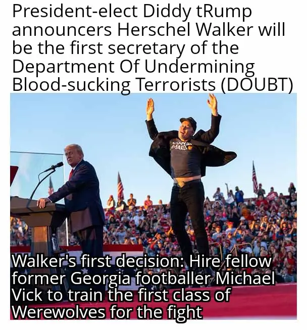 A photo shows Donald Trump at a podium on the left and a man in a black jacket and cap with arms raised on the right, both…