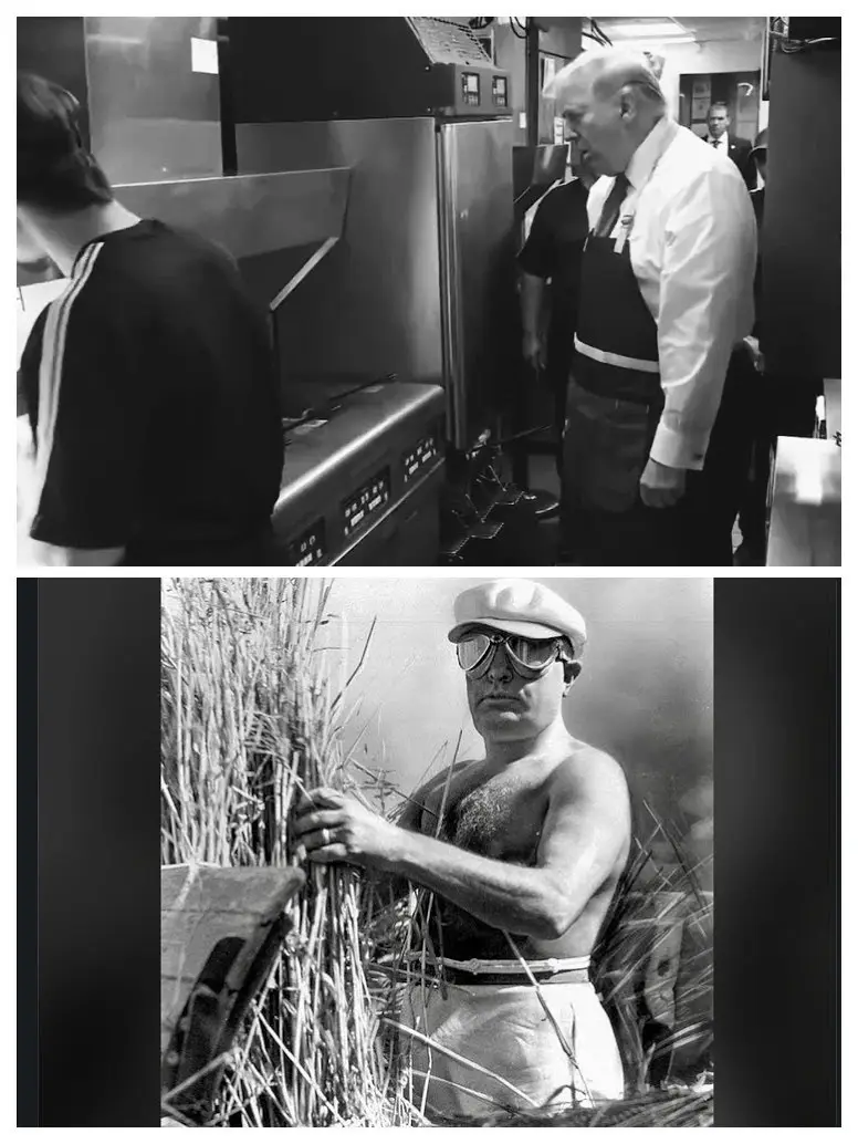 The image is split into two black-and-white photos. The top photo shows Donald Trump in a kitchen wearing an apron and…