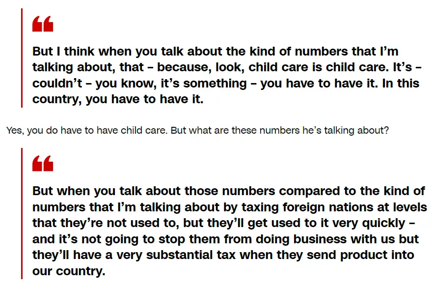 The image displays two quoted text blocks from a political speech, with the first block stating that child care is essential…