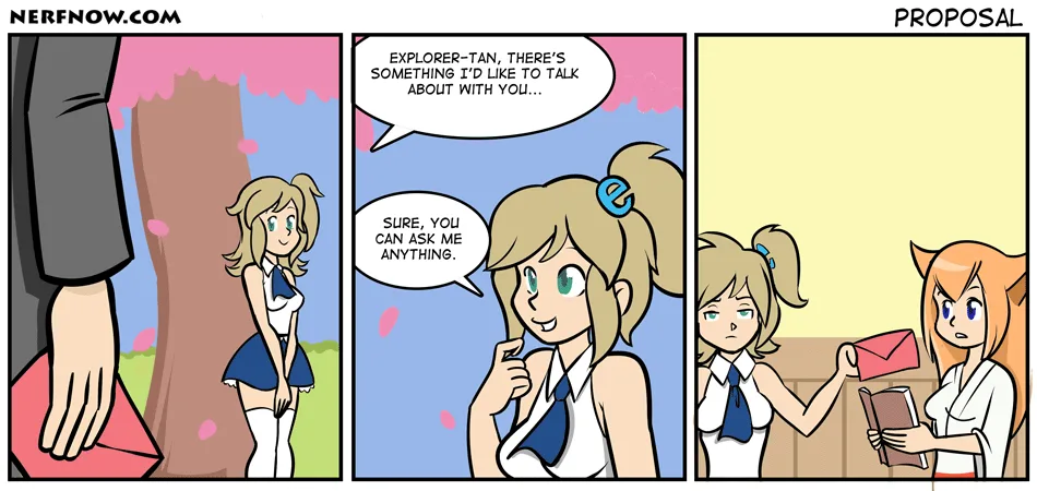 A three-panel comic strip from NerfNow.com titled 'PROPOSAL'. In the first panel, a person in a grey suit holds a red…